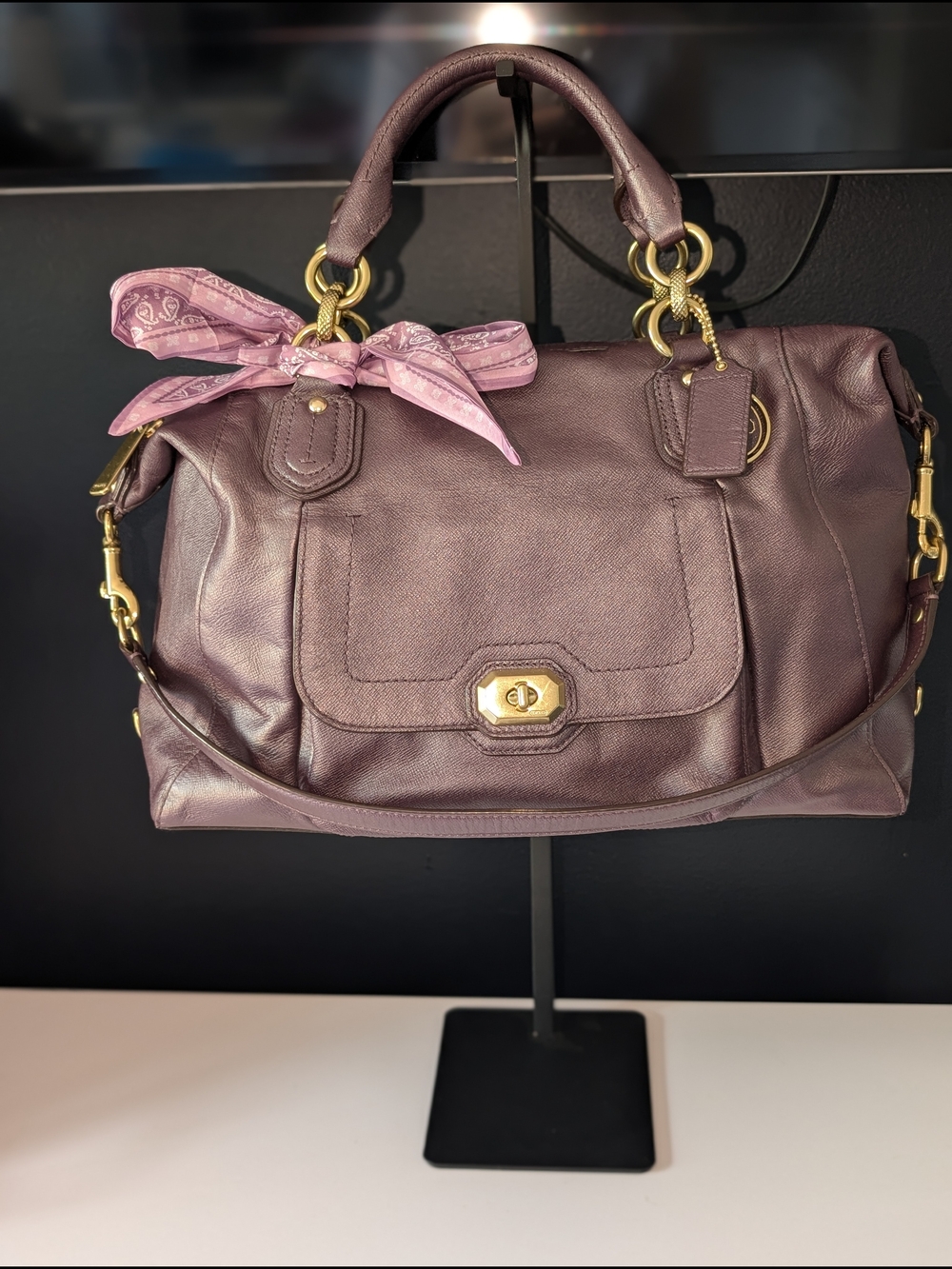 Coach Campbell Large Plum Leather Turn Lock Two-Way Satchel